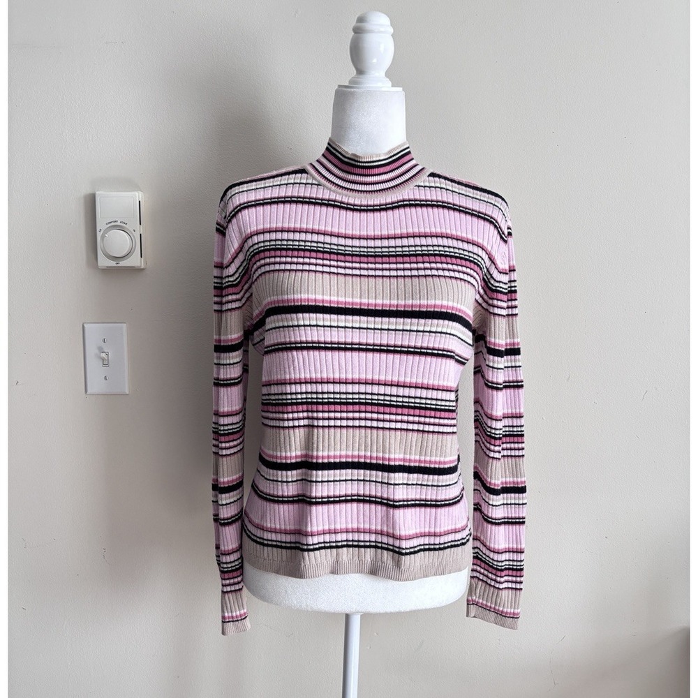 Y2K Vintage Nostalgic Rib Knit Striped Sweater Medium‎ Pink Cotton 2000s Cute